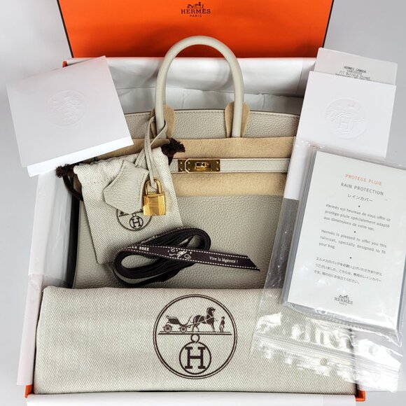 NEW Full Gift Box Receipt HERMES Birkin 25 Beton Togo Leather Gold Tote Bag - Picture 2 of 14